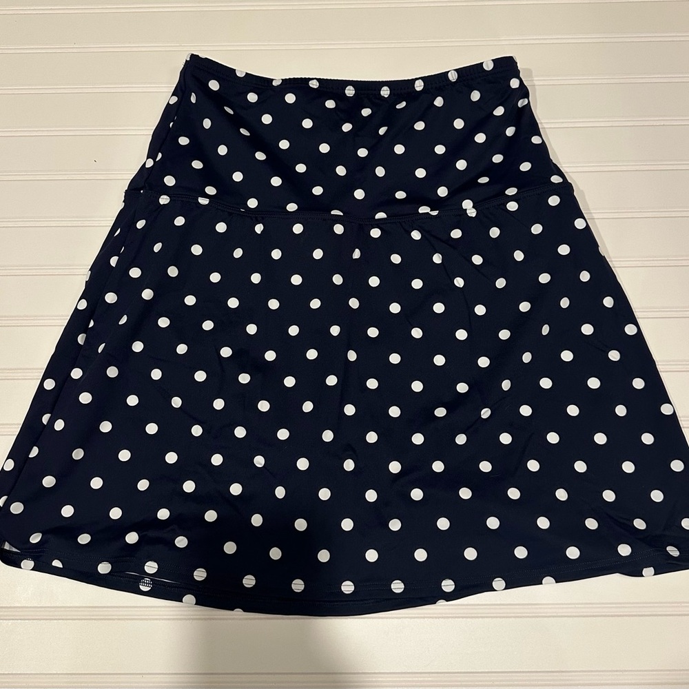 Lands End Navy Blue & White Polka  Dot Women's High Rise Swim Skirt Size 14